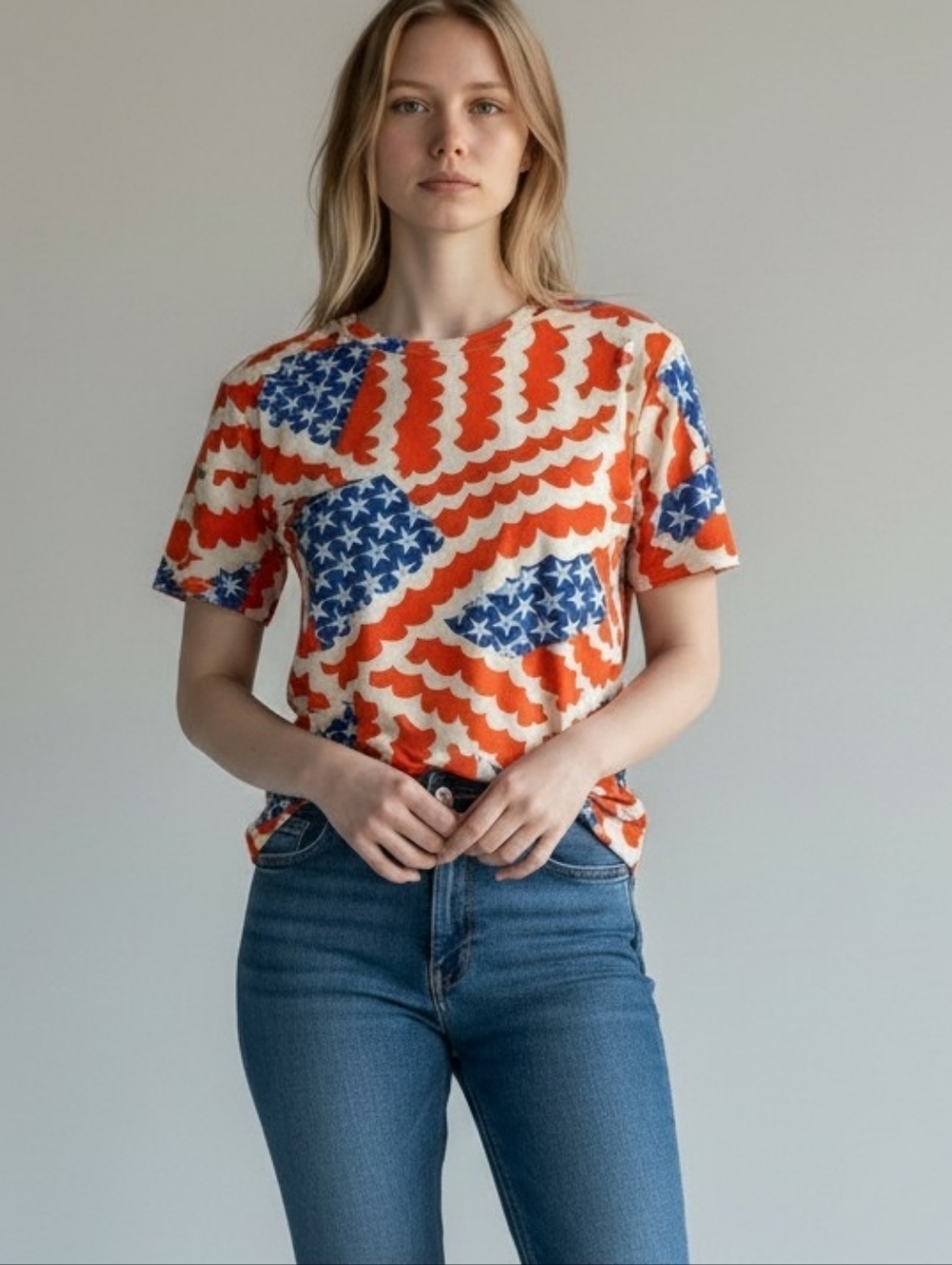 LuLaRoe Irma Red, Cream, & Blue Short Sleeve Tee (S)